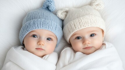 Adorable twins in matching knitted hats, cozy and calm