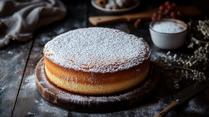 Torta Paradiso with a dusting of powdered sugar, set on a dark wood table with a cozy kitchen backdrop