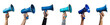 © degungpranasiwi - hand holding a blue megaphone isolated on a transparent or white background, warning, news, loud, advertisement concept, cut-out, PNG