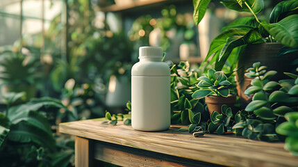 Wall Mural - A white bottle sits on a wooden table surrounded by lush greenery, creating a natural and calming atmosphere.