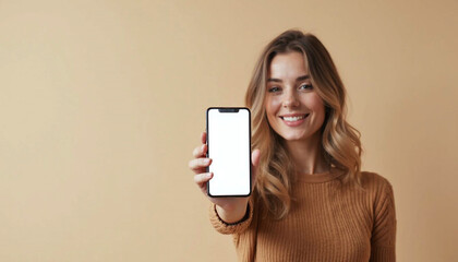 A young girl woman displaying smartphone with empty screen, modern technology  