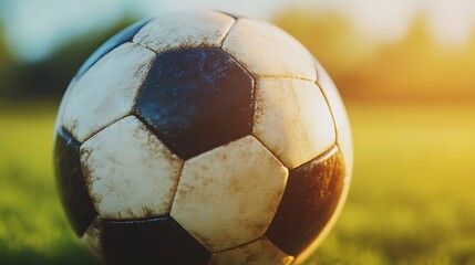 Close-up of a worn soccer ball on green grass with blurred sunset background.