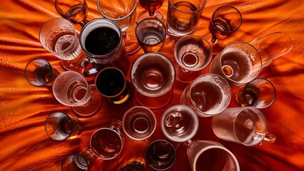 Wall Mural - Close up view of arranged empty glasses and mug of beer on orange background