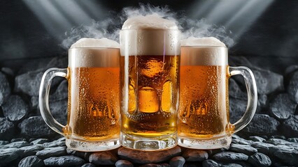 Wall Mural - Close up view of mugs of cold beer with foam on grey background