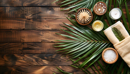 Wall Mural - Beautiful spa setting on palm leaf on wooden table