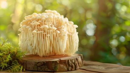 A large mushroom with many stems sits on a log