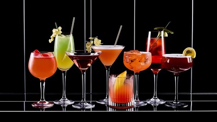 Colorful cocktails on black background