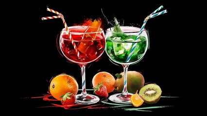 Painted red and green alcohol drinks in cocktail glasses near fruits on black