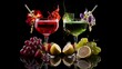 © Kartik - Painted red and green alcohol drinks in cocktail glasses near fruits on black