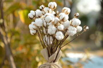 Sticker - Organic and natural cotton bolls bouquet tied with burlap ribbon, perfect for rustic eco-friendly sustainable country style decor and diy crafts