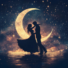 Starry night sky with half moon framing a dancing couple image 