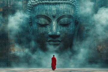 Buddhist monk looking up at giant buddha statue in clouds