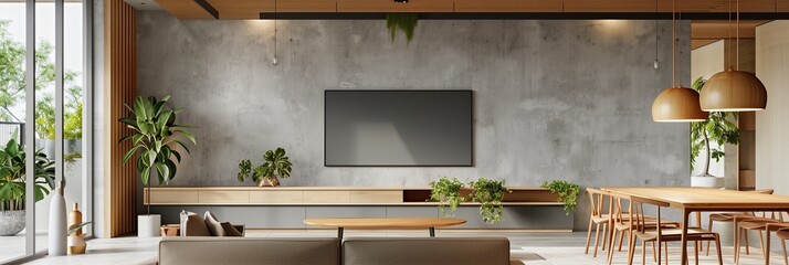 Poster - A living room with concrete walls, wooden furniture, and plants on the wall above an empty TV screen mockup.