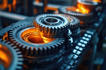 Poster - Close-up of high-quality metallic gears illuminated by warm lighting