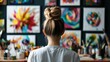 © kanoktuch - Female artist standing in her studio, surrounded by vibrant abstract paintings. The artist is focused on her work, highlighting her creativity and dedication to her craft.