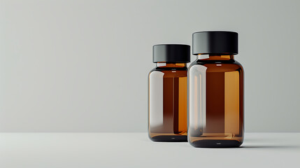 Wall Mural - Two amber glass bottles with black lids stand on a white surface against a white background.