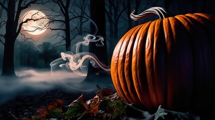 A dramatic and highly detailed macro photography closeup of a large, ornate pumpkin, set against a misty, dark forest backdrop at night