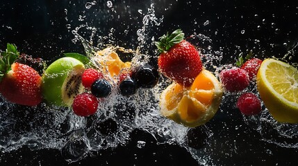 Sticker - Fresh fruit splashing in water, isolated on black background.