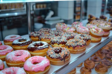 Wall Mural - Colorful selection of freshly made gourmet donuts in a bakery display case