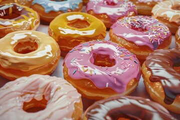 Wall Mural - Closeup of colorful glazed donuts with various toppings, perfect for a sweet treat concept