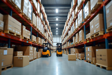 Retail warehouse full of shelves with goods in cartons, with pallets and forklifts. Logistics and transportation blurred background. Product distribution center.