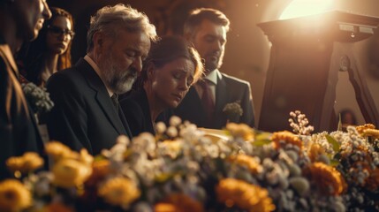 A group of people are gathered around a table with flowers and a vase