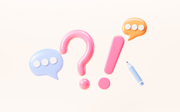 Cartoon question mark and exclamation point, chat mark, 3d rendering.