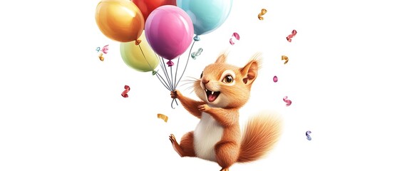 Wall Mural - A cheerful squirrel holds onto a bunch of colorful balloons and confetti floats in the air around him.