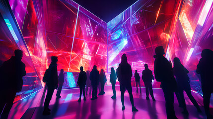 Poster - group of people experience a vibrant and futuristic exhibit, filled with interactive installations and neon colors, creating an immersive and exciting environment