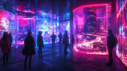 Poster - group of people experience a vibrant and futuristic exhibit, filled with interactive installations and neon colors, creating an immersive and exciting environment