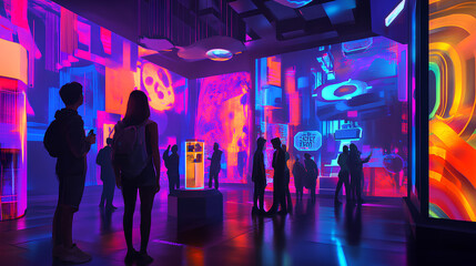 Poster - group of people experience a vibrant and futuristic exhibit, filled with interactive installations and neon colors, creating an immersive and exciting environment