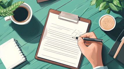 Poster - hand holding a pen, writing on a clipboard, with a coffee cup, notebook, and other office items nearby