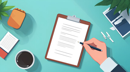 Poster - hand holding a pen, writing on a clipboard, with a coffee cup, notebook, and other office items nearby