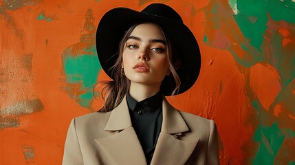 Stylish Serenity: A Young Woman in Beige Coat and Black Hat Against Bold Orange and Green Background - Perfect for Sporty Interior Posters and Fashion-Inspired Decor