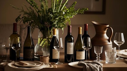 Bottles of wine, wine glases, vase with green plants and jug on wooden surface