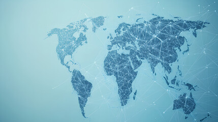 Poster - light blue background with a digital world map and global network connections, representing the conc