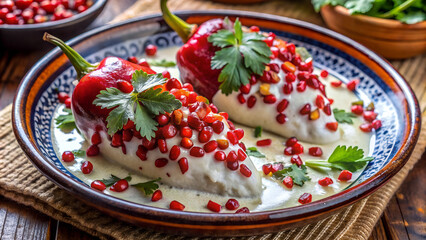 Wall Mural - Chiles en nogada is a traditional Mexican dish that is often served on special occasions. It is a patriotic food that represents the culture and history of the country.