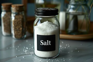 A clear glass jar labeled Salt is filled with coarse salt on a kitchen surface, with other spice jars blurred in the background, ideal for culinary and kitchen-related themes,