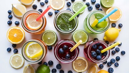 Top view of detox drinks in jars with straws among sliced fruits and blueberries on white background