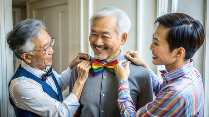 Wall Mural - old asian parents helping their mature son 