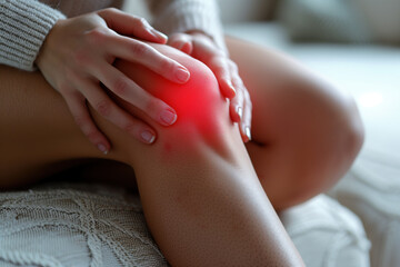 Knee pain, joint inflammation, arthritis and degenerative changes, woman suffering from leg ache and doing self-massage