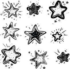 Poster - Hand drawn charcoal doodle stars collection nine unique sparkle icons ideal for creative projects including invitations decorations and digital designs showcasing magical twinkle bursts
