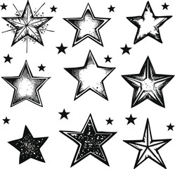 Poster - Charcoal doodle of hand drawn star icons various celestial elements in sketch style with black outline showcasing a collection of shining twinkling starburst symbols for graphic design