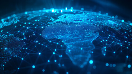Poster - Abstract global network concept with a blue glowing world map, data transfer and cyber technology background digital connections across the globe 