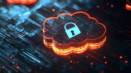Poster - abstract illustration of cloud security services, stylized cloud icon integrated with a secure padlo