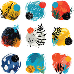 Aufkleber - Set of nine colorful abstract doodle designs charcoal brush strokes organic shapes and modern textures ideal for contemporary graphic design projects and artistic creations collection