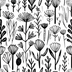 Wall Mural - Seamless charcoal doodle pattern hand-drawn floral designs with leaves and botanical illustrations ideal for fabric design wallpaper packaging and digital paper textile applications