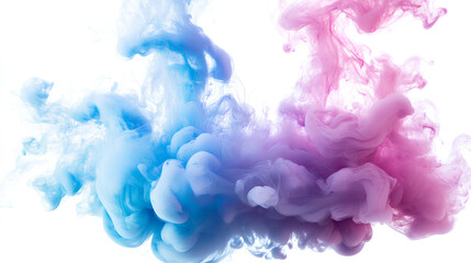 Acrylic color pigment and ink cloud in water. Abstract smoke on white background with copy space. Fancy dream cloud of ink underwater. Purple, blue and pink colors 