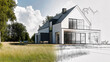 © Frank - Illustration showing a modern house project becoming a real home, blending technical drawing with a real photo