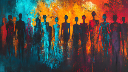 Canvas Print - abstract painting showcases a group of diverse, colorful, and indistinct figures standing together, representing unity, diversity, and shared human experience in a vibrant artistic style